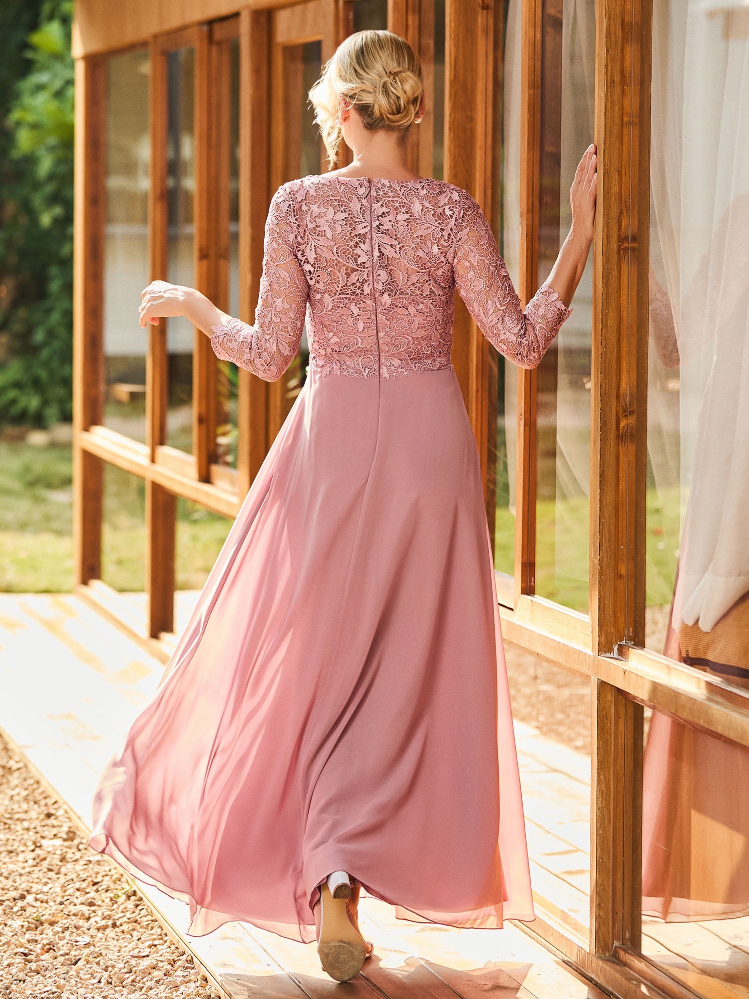 Lace To Long Sleeves Pleated Dress Dusty Rose